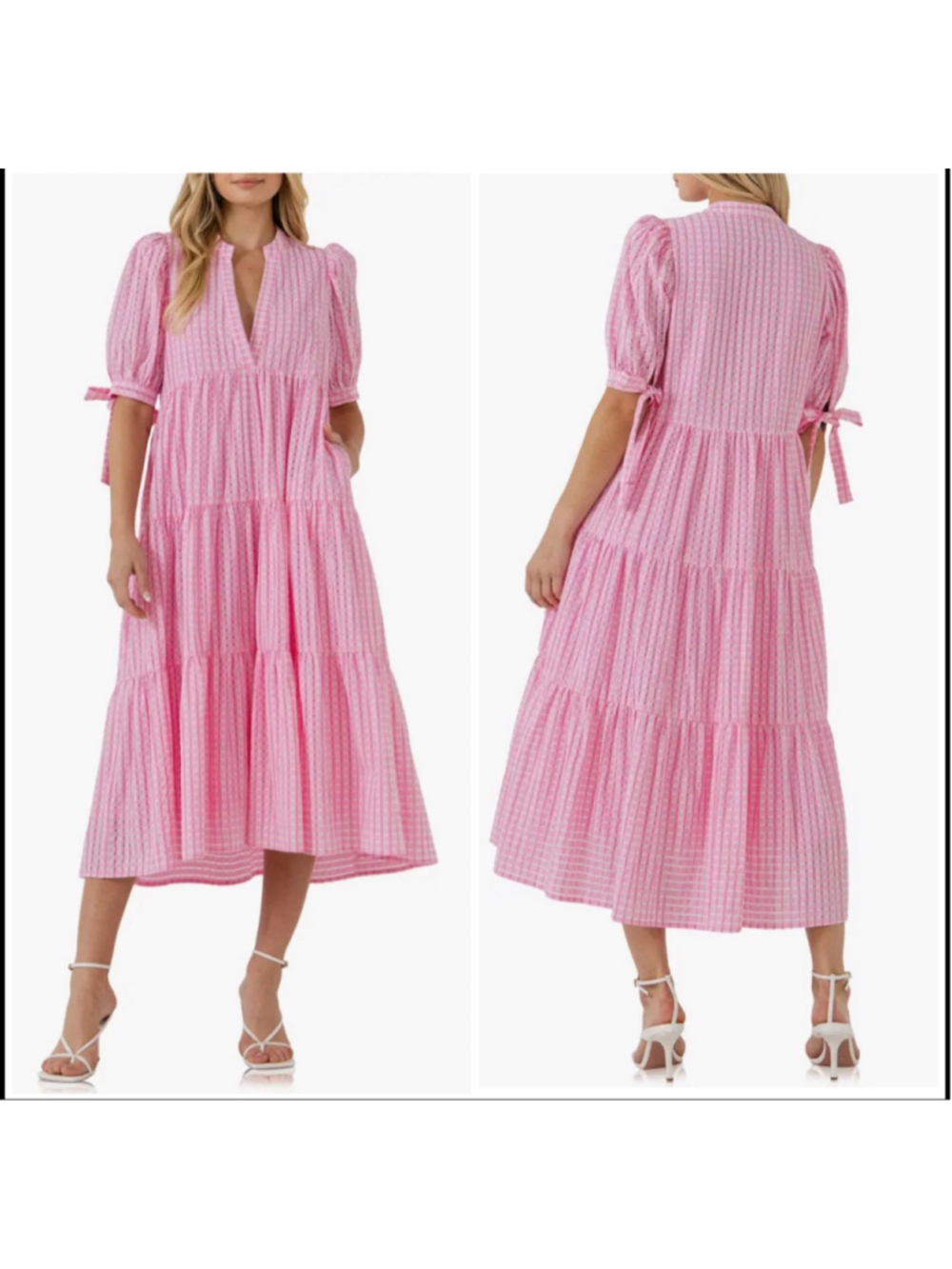English Factory Pink & White Gingham Tiered Midi Dress S
